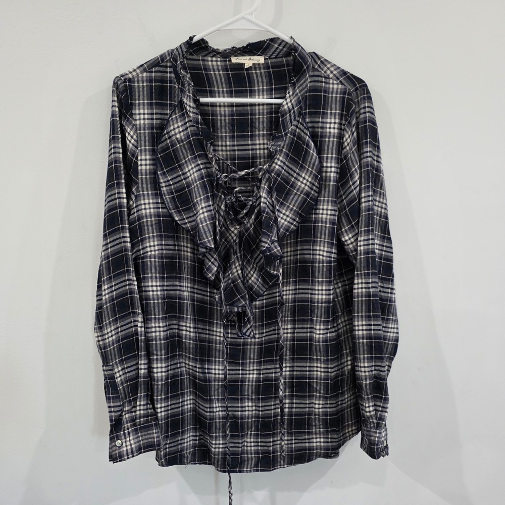 Jane and Delancey Womens Top Size Large Blue Plaid Ruffle Country Cottage